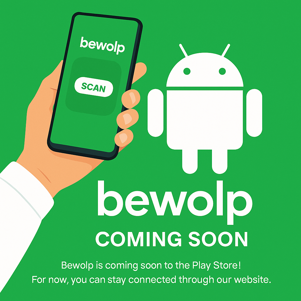 User holding phone with Bewolp app screen showing Scan feature